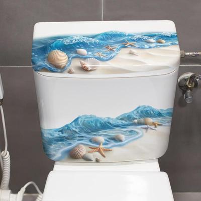 Pegatina de Ola del Océano para Inodoro Baño Realista Playa Piso Calcomanía Impermeable Antideslizante Extraíble Bañera Costa Decoración