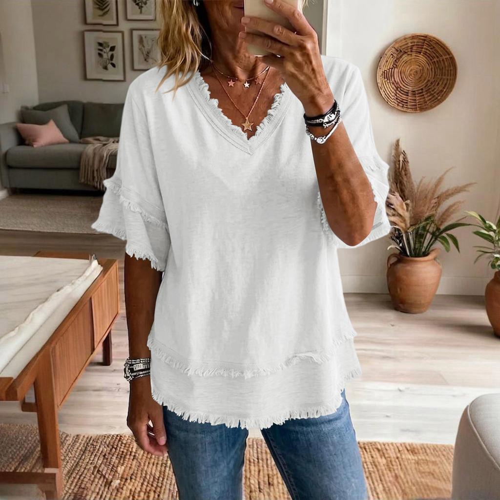 Women's V-Neck Short Sleeve Loose Fit Casual Pullover Shirt for Spring and Summer