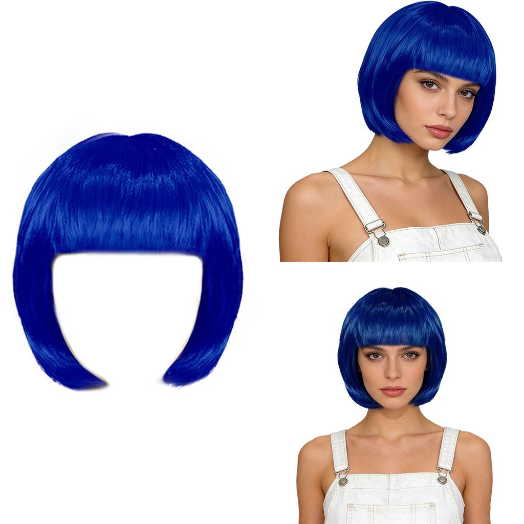 Short Straight Bob Hairpiece for Women Blunt Cut Bangs Cosplay Wig Halloween Themed Party Daily Use