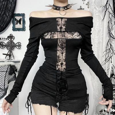 Goth Dark Sexy Lace Patchwork Cross Long Sleeve Pulloves T-shirts Y2K Women Streetwear Mall Gothic Slim Tops T-shirt