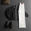 Mens Black Plaid Patchwork Collar Flight Jacket Loose Casual Streetwear Top