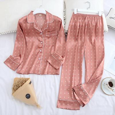 Frühling Herbst Langarm Umlegekragen Pyjama Eisseide Langarm Hosenanzug Satin Druck Mode Pyjama Set