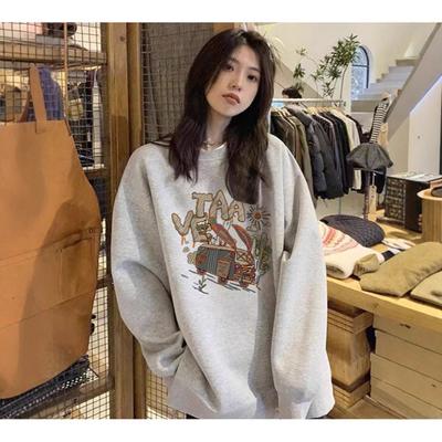 Retro Lässiger Stil Frühling, Herbst und Winter Plus Samt Sweatshirt für Damen Locker Paare Dünnes Rundhals Oberteil