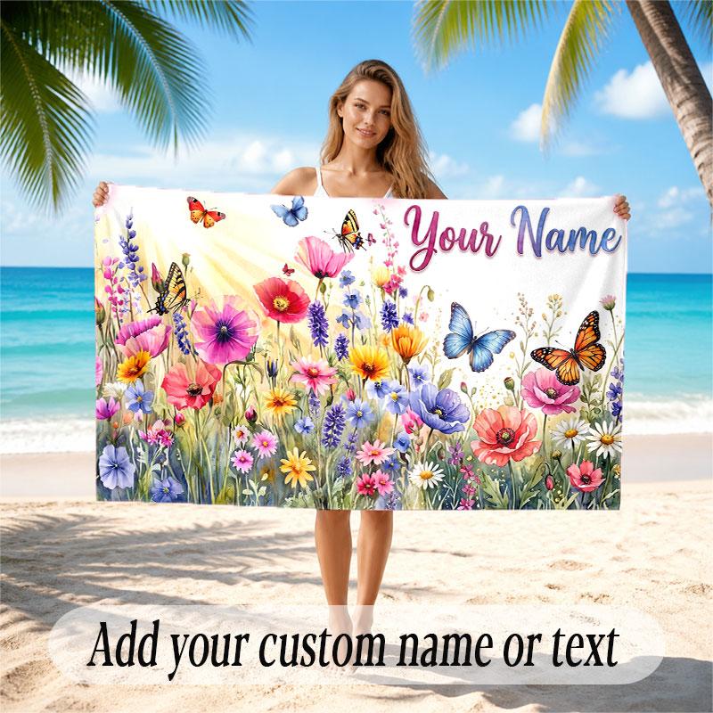 Butterfly Theme Soft Beach Towel Personalized Custom Name Text Towel Portable for Beach Pool Travel