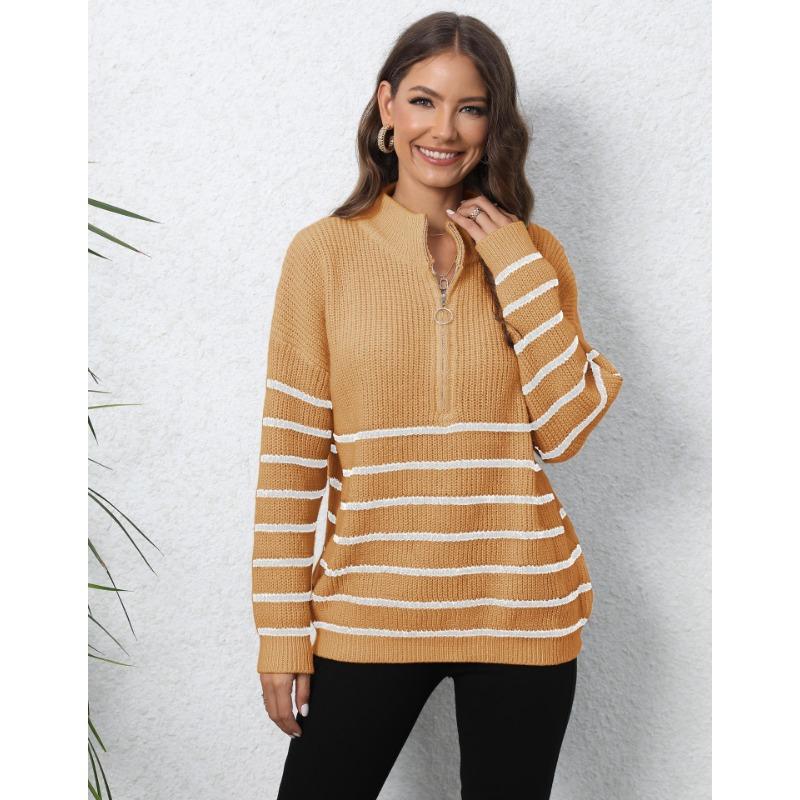 Women's Autumn/Winter Knitted Stripe Patchwork Half High Neck Zip Loose Woven Sweater