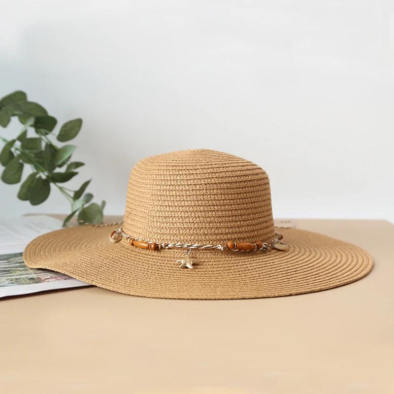 Summer Shell Strap Straw Hat Beach Korean Seaside Large Brim Outdoor Sun Protection Sun Hat Bohemia Vacation Foldable Straw Hat