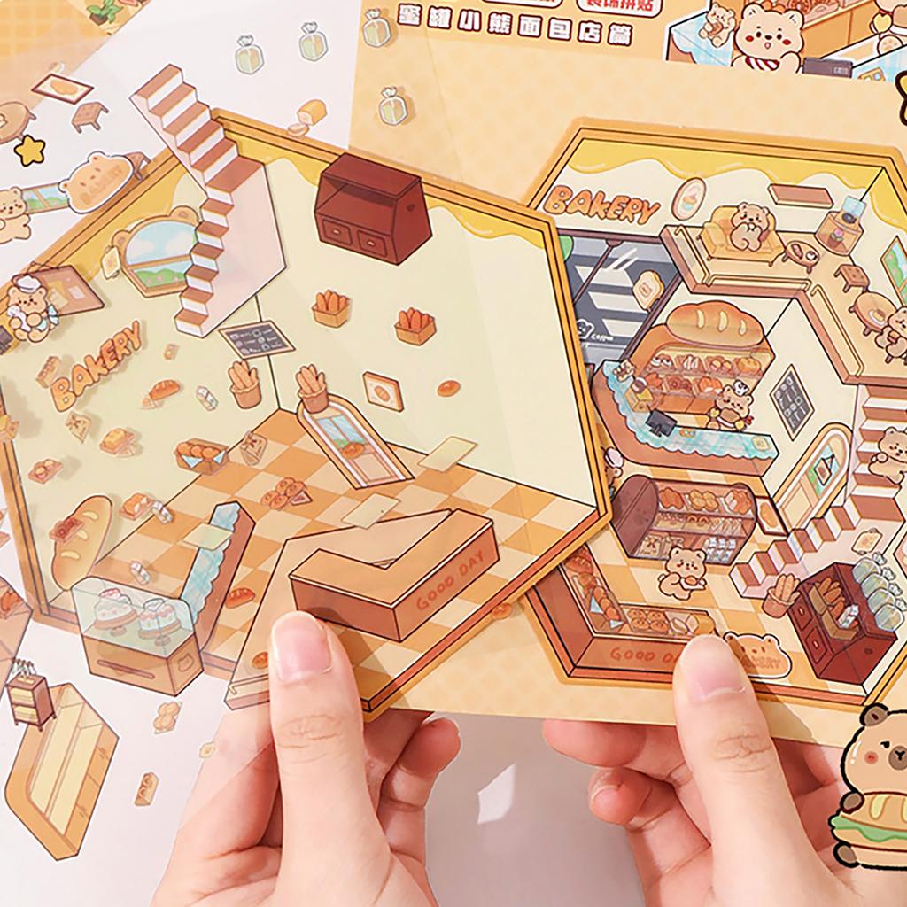 3D Scene Sticker Cartoon Scenery Sticker Miniature Simulated Cabin Scene Sticker for Scrapbooking Journal Planner Album