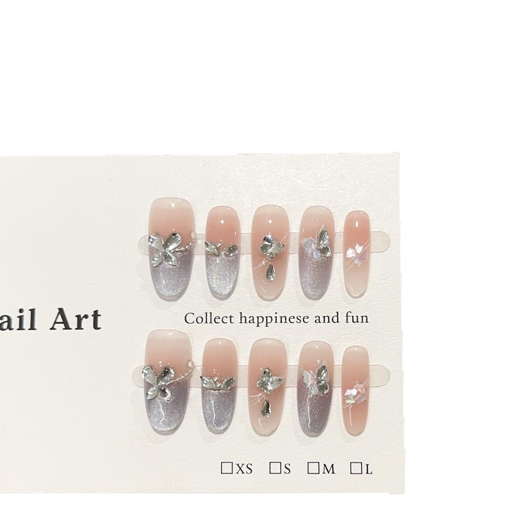 Women Press‑On Nails Pure‑Handmade Lavender Cat Eye White Rhinestone Light‑Luxury False Nail Patches