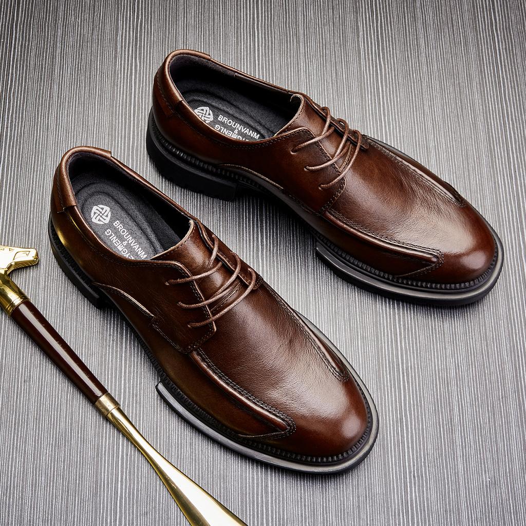 Men'S Retro Low-Top Casual Leather Shoes Spring Autumn Leather Single Shoes Business Dress British Lace-Up Men'S Shoes
