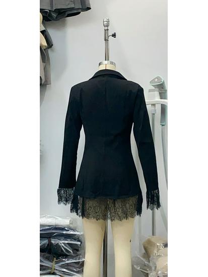 Chic European & American Women's Designer Black Lace Patchwork Slim Fit Blazer