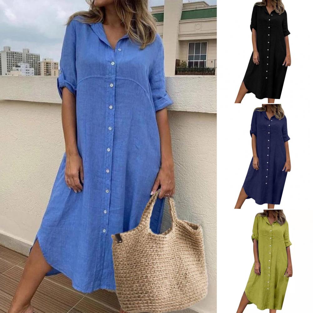 Summer Women Dress SIngle-breasted Half Sleeves Turn-down Collar Loose Solid Color Buttons Commute Daily Wear Midi Dress