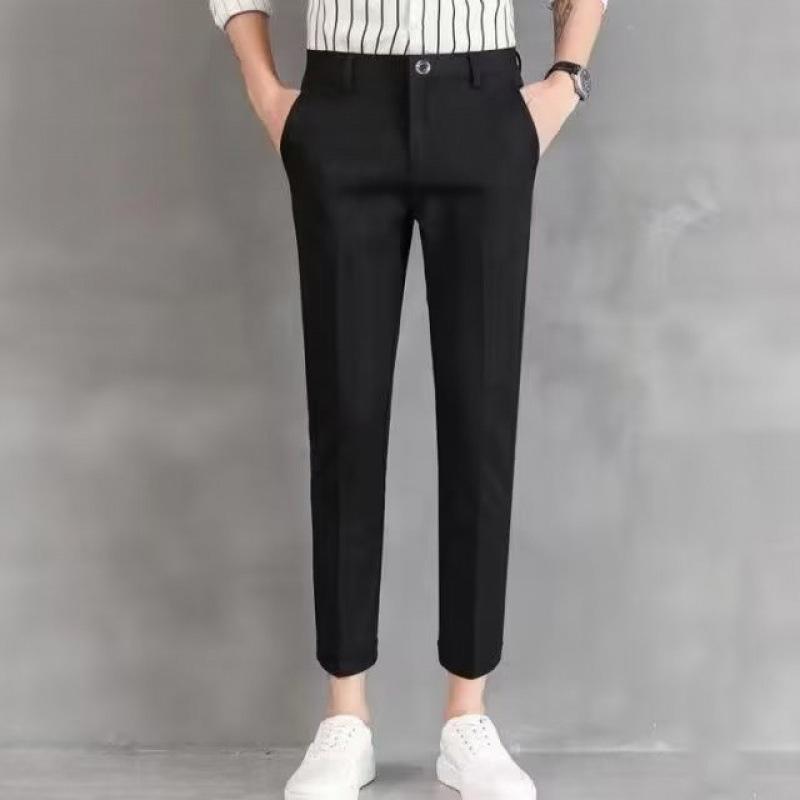 Men's Elastic Straight Leg Pants, Business Casual Cropped Pants, Men's Formal Suit Pants, Solid Color