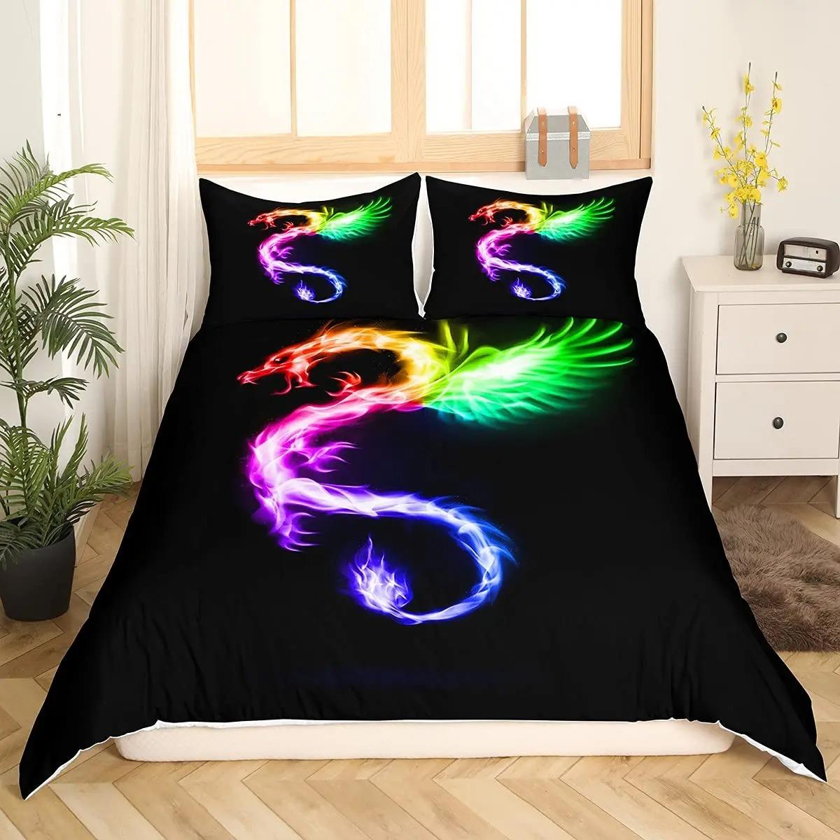 

Boys Dragon Comforter Cover Queen Queen Full Size Colorful Dragon With Wing Bedding Set Trippy Magical Animal Duvet Cover Set 70x133cm 2pcs