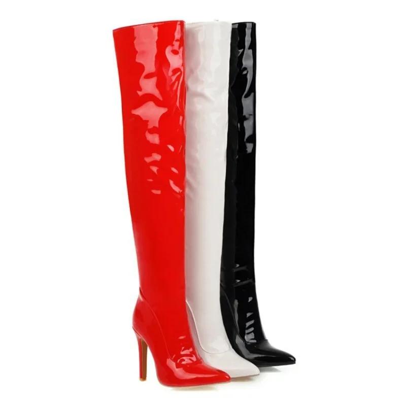 Women Boots Over The Knee Sexy Fashion Boot 10.5CM Stiletto New Patent Leather Side Zipper Pole Dance Nightclub White Women Shoe