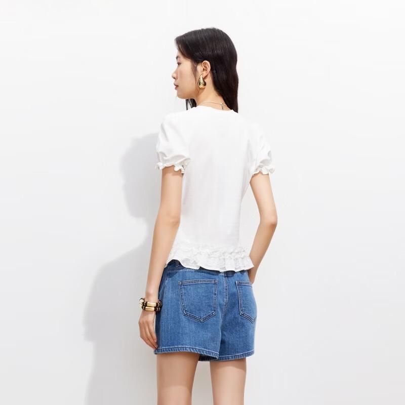 VEROMODA Ruffle Lace Trim Round Neck Slim Fit T-Shirt