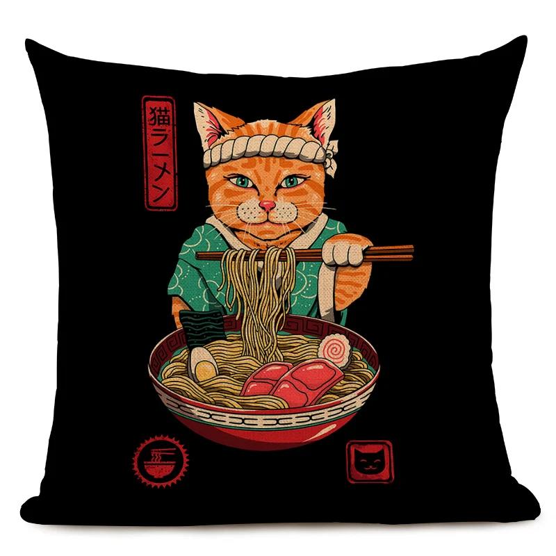 Japanese Style Decorative Cushion Cover Cute Japanese Ramen Tea Cat Octopus Pillowcase for Home Decor