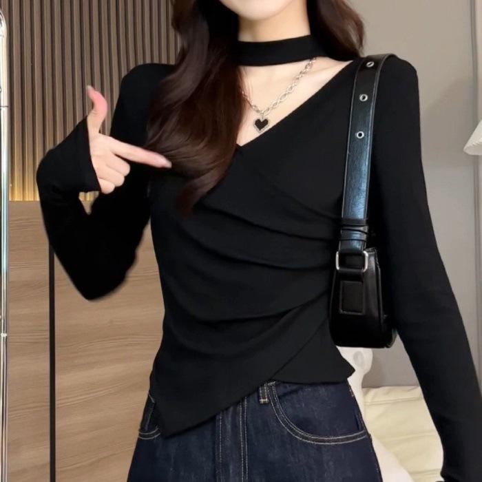 

Французский нерегулярный V-образный вырез халтер с длинными рукавами женская осенне-зимняя приталенная базовая рубашка Small чёрный