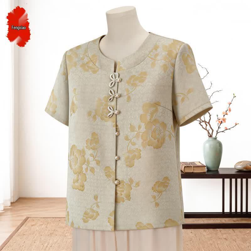 Mid-Age Women s Summer Floral Short Sleeve Top 4XL жёлтый