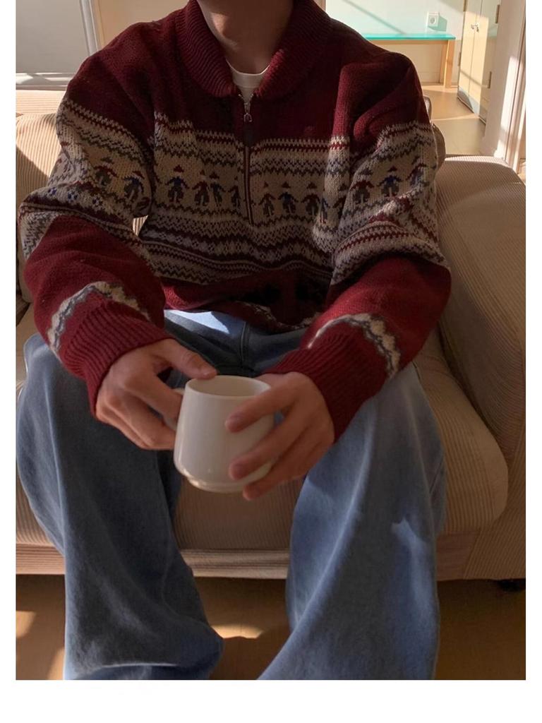 Pánský retro červený svetr s klopou, dlouhým rukávem a polovičním zipem na podzim a zimu