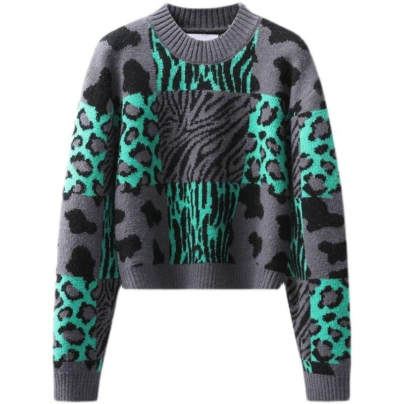 New Winter Fashion Brand Retro Leopard Pattern Half High Neck Thickened Loose Versatile Western Style Slimming Women's Sweater