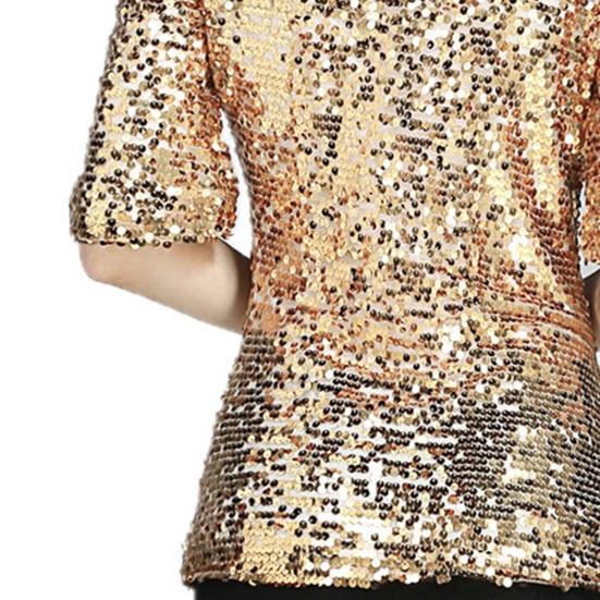 Women Shirt Shiny Sequin Half Sleeve O Neck Loose Solid Color Soft Breathable Pullover Sparkling Party Prom Cocktail Blous