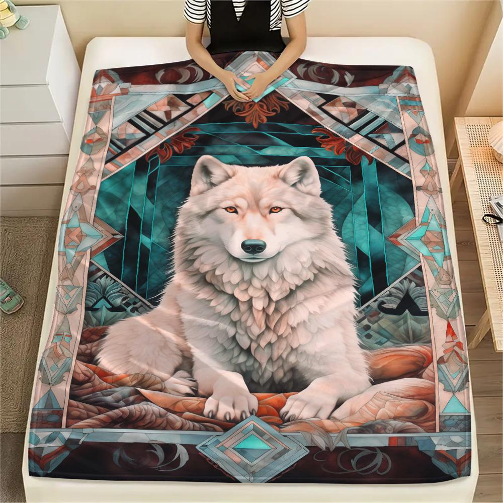 1Pc Natvie Wolf Print Flannel Blanket, High quality Comfortable for All Seasons, Home Decor, Warmth and Comfort, Perfect for Christmas Gifts