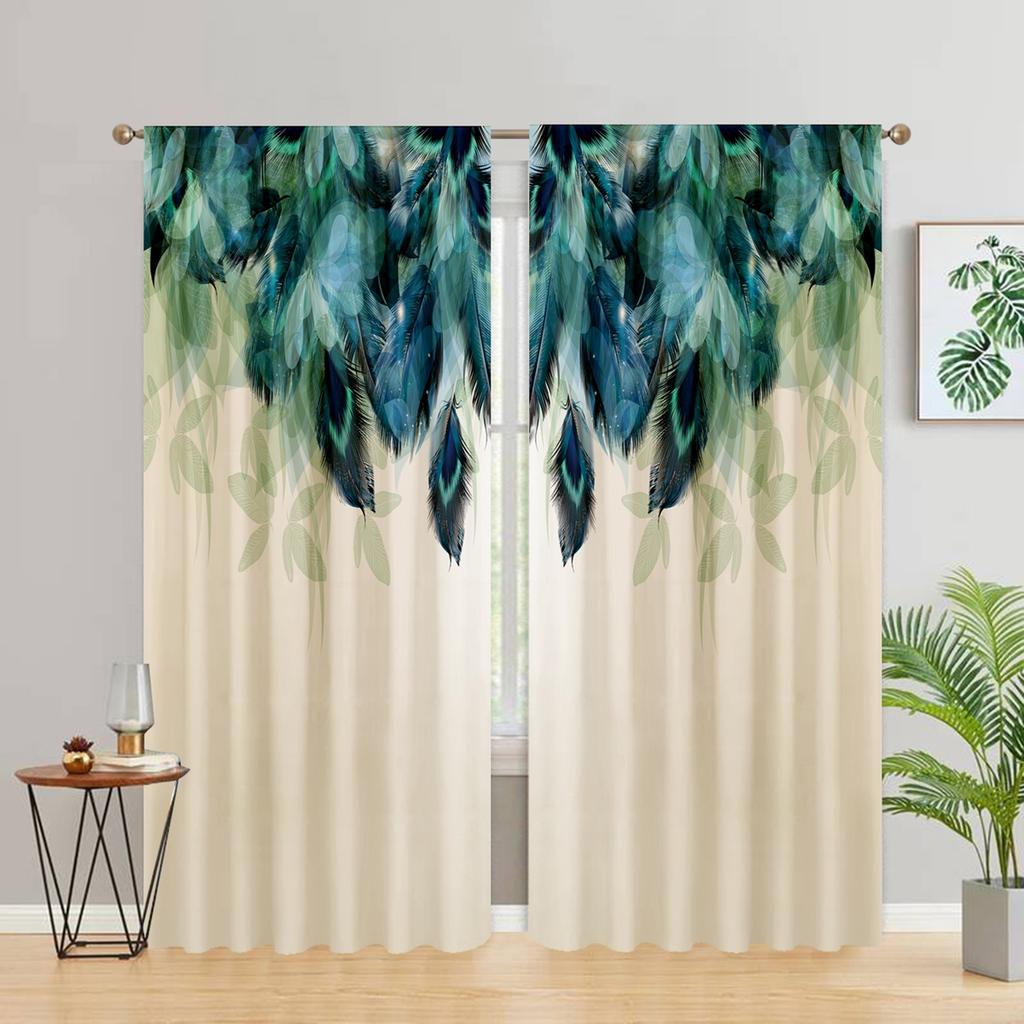 2pcs Feather Green Flowers, Study Room Kitchen Living Room Dorm Room Rod Pocket Top Window Drapes, Bedroom
