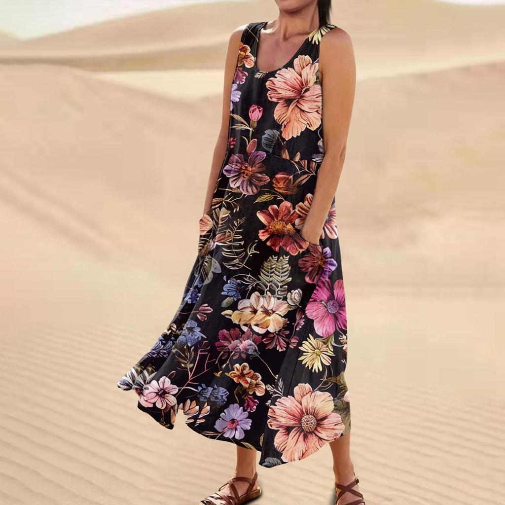 Lässiges, bequemes, ärmelloses Baumwolltaschenkleid mit Blumendruck für Damen
