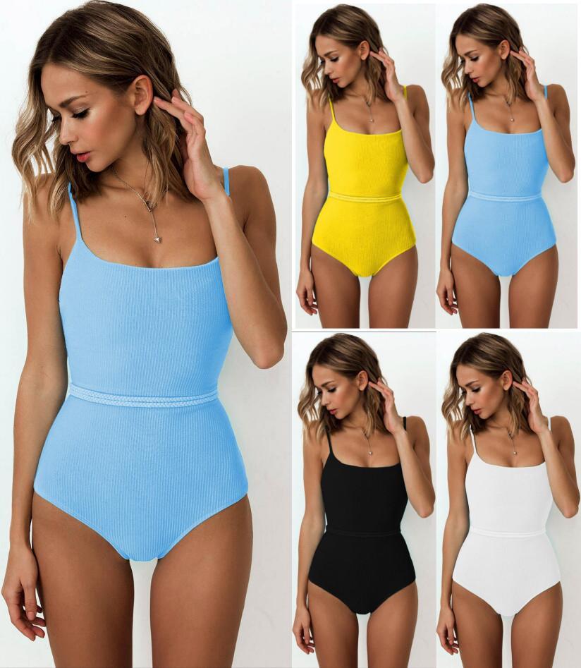 Damen Badeanzug Einfarbig Einteilig Sexy Binden Zurück Bikini Bademode Badeanzüge