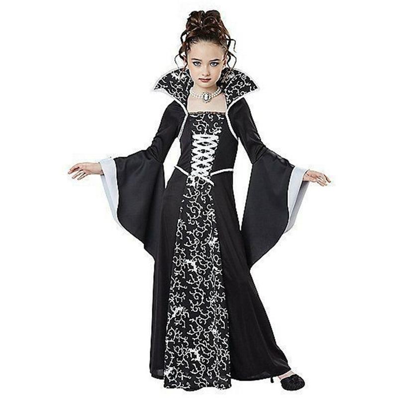 Children's Witch Costume Halloween Long Dress Vintage Stand Collar Flared Sleeve Printed Dress
