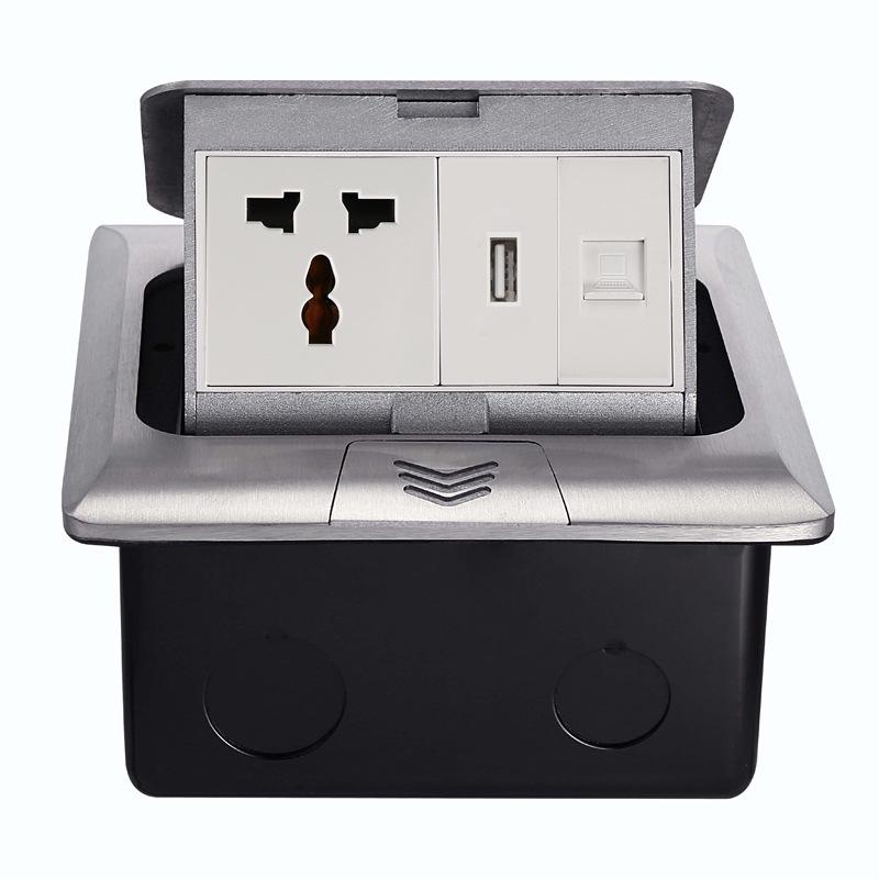 Universal Three-Hole Pop-up Floor Socket Box, Silver, Embedded Design