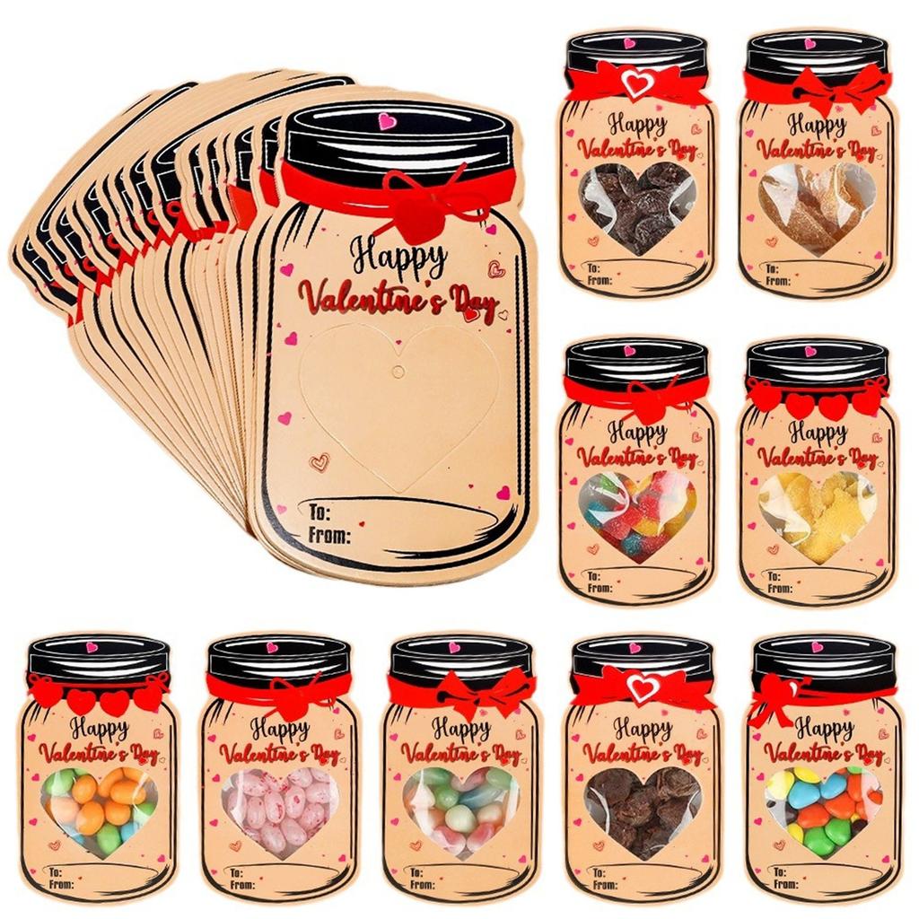50pcs Candy Jar Valentine Cards Set with Hollowed Heart Shape Perfect For Gatherings School Entertainment Gift Exchange