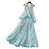High-end vacation style sleeveless neck dress women's summer mint green lotus leaf edge pleated temperament long dress