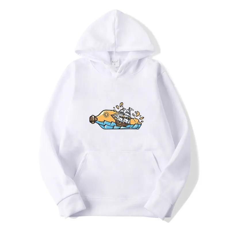 View of the Ship In Bottle Print Hoodies for Teens Casual Couple Hip Hop Streetwear Spring Long Sleeve Hoody Sweatshirts