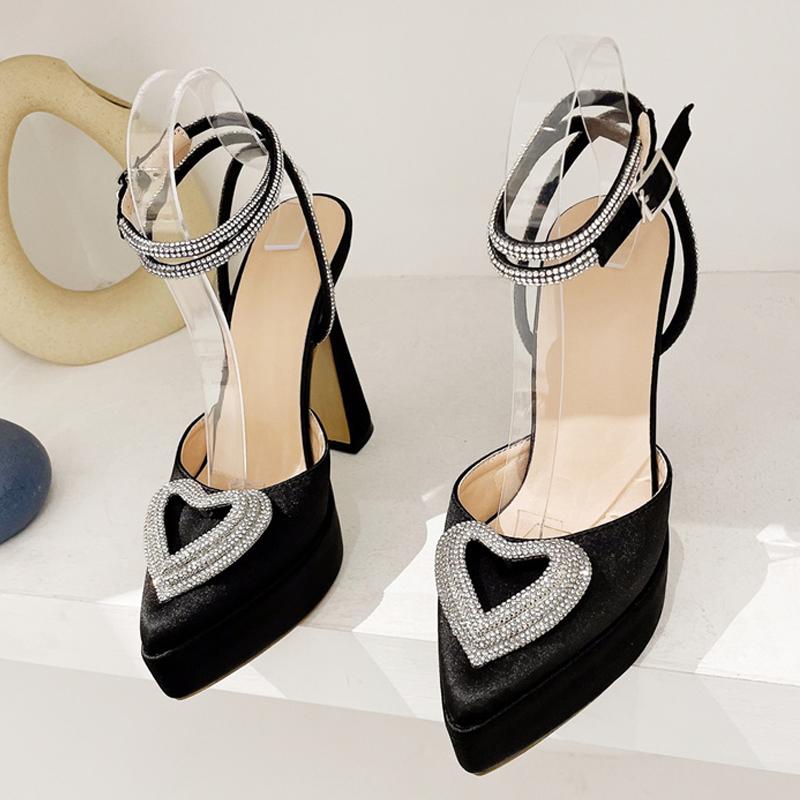Spring Summer Rhinestone High Heels Women Sexy Crystal Heart Shape Buckle Pointed Toe Shoes Platform Pumps Sandals
