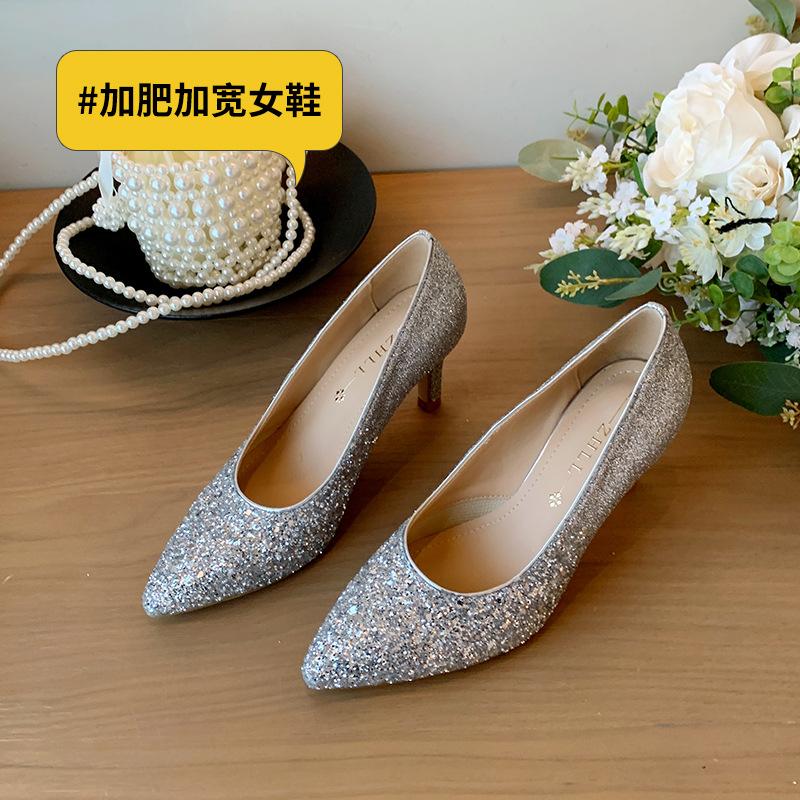 5083 shallow pointed thin heels high heels 2026 new wedding shoes versatile single shoes wide feet fat feet large size women's shoes
