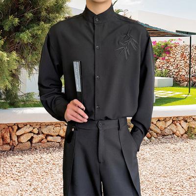 Camisa de Vestir para Hombre Primavera Otoño Cuello Mao Ajuste Slim Elástica Hoja de Bambú