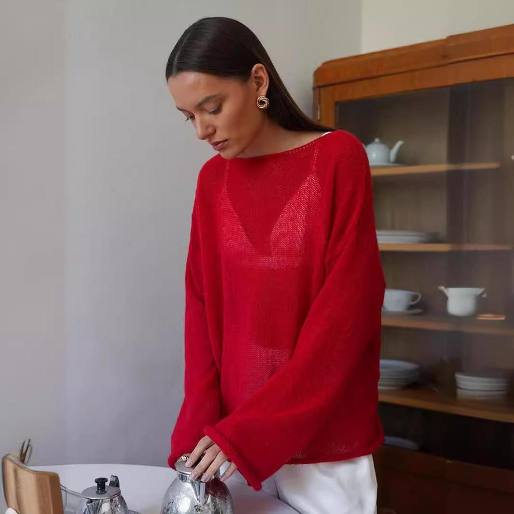 European-American Thin Round Neck Bell Sleeve Knitted See-through T-shirt (Spring/Summer 2025 Collection)