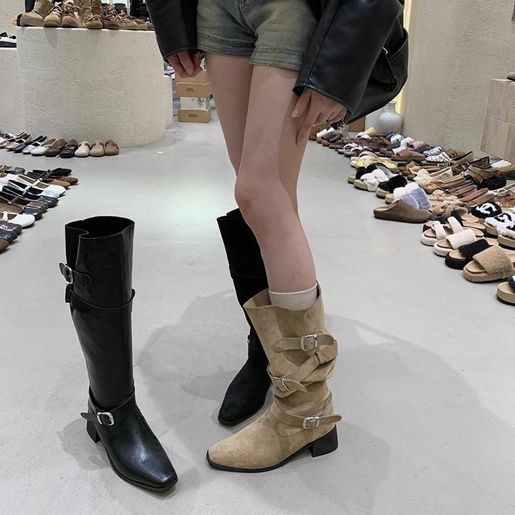 Leather inner height increase retro belt buckle thick heel boots but knee thin knight boots pointed pleated pile boots