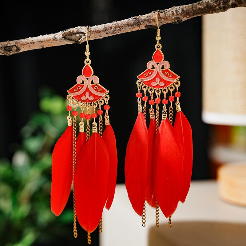Bohemian Ethnic Feather Tassel Dangle Earrings For Women Trendy Long Beads Indian Drop Earrings Female Vintage Boho Jewelry Gift