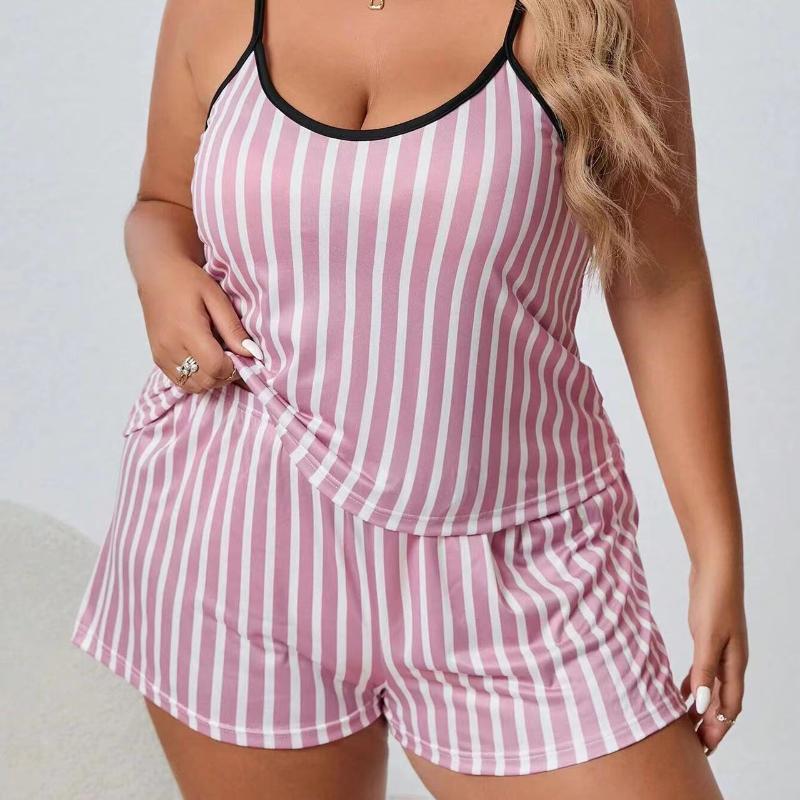 

Полосатый женский пижамный комплект больших размеров, без рукавов, с круглым вырезом и шортами на эластичной талии, 2 предмета, женская одежда для сна с принтом в виде сердца 1XL розовый