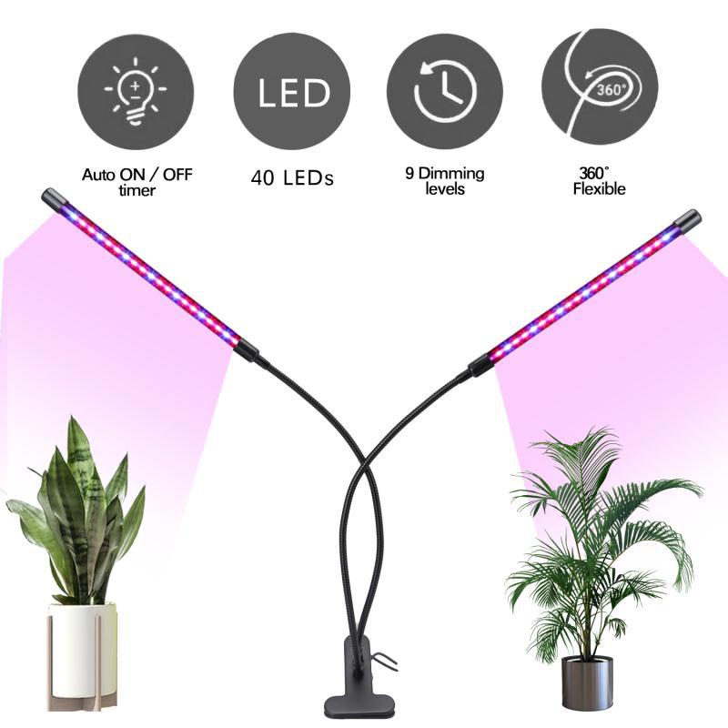 

ZWD-2 Dual Head 40 LEDs Grow Lights Seeding Planter Growing Lamp Succulent Plant Light with 9-Level Dimmable Type A