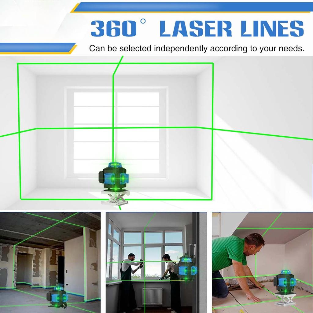6000mAh 16 Lines 4D Green Laser Level Tripod Green 360° Horizontal + Vertical Cross Lines With Auto Self-Leveling Indoors and Outdoors