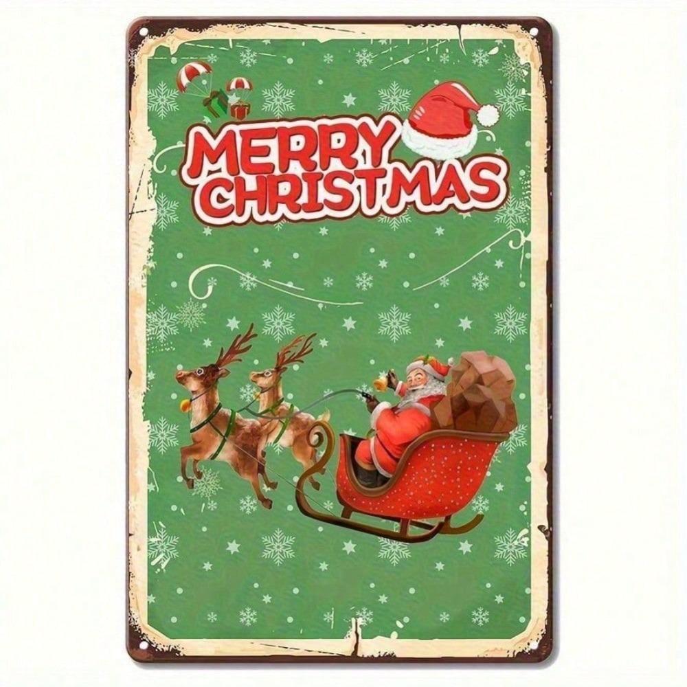 Vintage Metal Tin Sign Santa Claus Reindeer Wall Decor Hanging Plaque 8x12 Inch