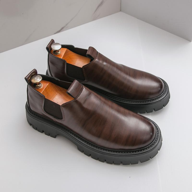 Fashion Loafers Men Casual Retro Le Fu Shoes Black Brown One-foot Thick-soled Anti-slip Height-increasing Brand Leather Shoes Size 38-46