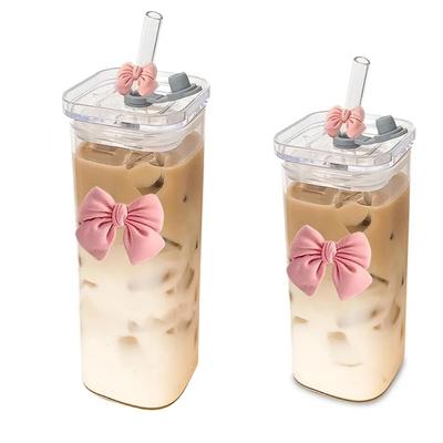 1/2Pcs Pink Bow Cup Glass 400ml Glass Cups For Outdoor Carry Coffee Juice Milk Tea With Lids and Straws Suitable For Gift