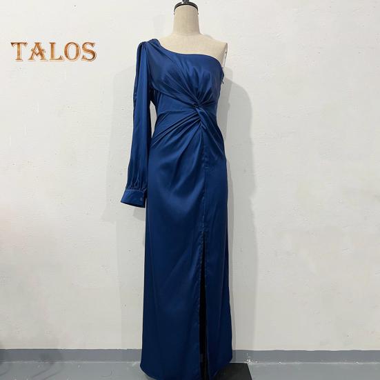Lady Evening Dress One Shoulder Single Open Sleeve Split Hem Solid Color Slim Waist Pleated Knot Decor Solid Color Prom Cocktail Party Maxi Dress
