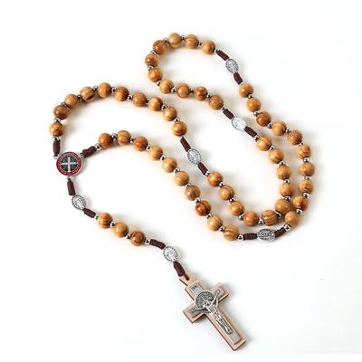 Holz Rosenkranz Halskette Für Frauen Männer Christliches Kreuz Anhänger 10MM Lange Holzkugeln Kette Mode Religion Gebet Schmuck