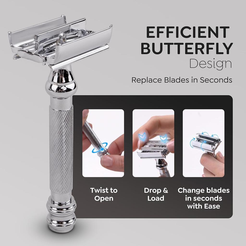 PARKER Safety Razor Men Long Handle Heavyweight Butterfly Open Razors And 5 Platinum Double Edge Blades