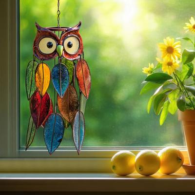 Owl Pendant Outdoor Hanging Decoration Realistic Looking Simple Installation Colorful Handmade Stained Owl